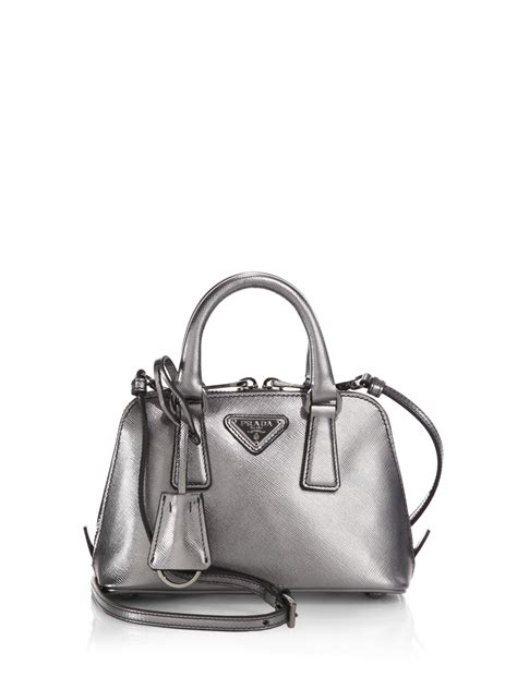 prada tote galleria crossbody saffiano leather mini cromo silver metallic|Prada saffiano bag.